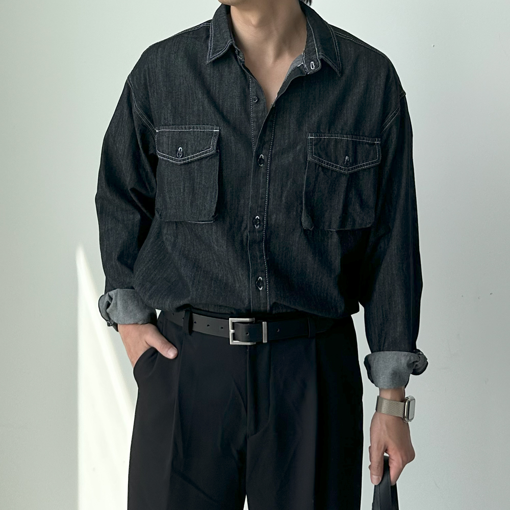 남자 셔츠 오버핏 봄 가을 겨울 셔츠 남자 청 남방 - 상세 이미지 3
