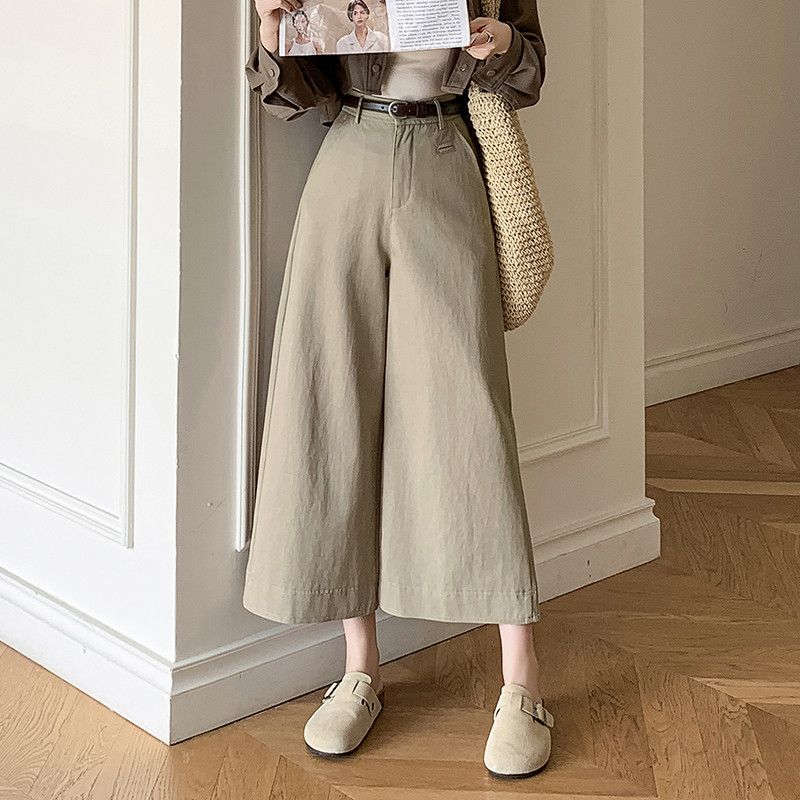 여성 하이웨이스트 코튼 와이드팬츠 슬림핏 캐주얼 바지 여름용 시원한 착용감 데일리 스타일링 루즈한 디자인 편안한 외출용 - 상품 이미지