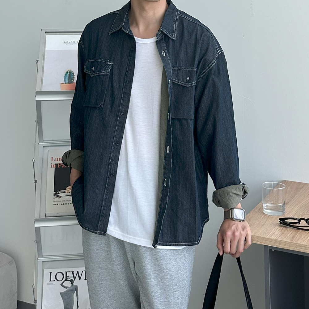 남자 셔츠 오버핏 봄 가을 겨울 셔츠 남자 청 남방 - 상품 이미지