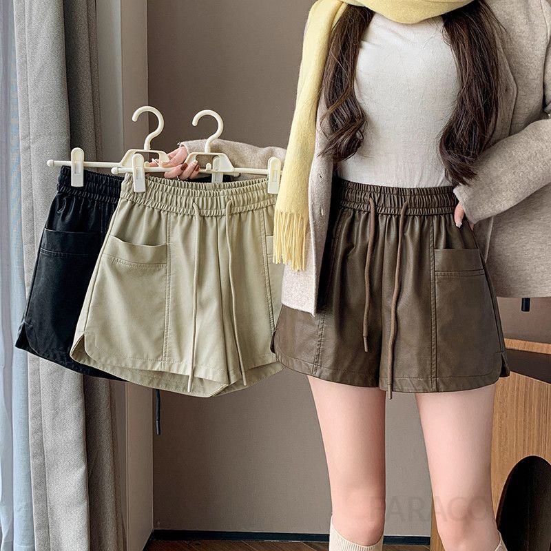 여성 여름 PU 가죽 와이드 하이웨이스트 반바지 데일리 캐주얼 스타일 시원한 착용감 편안한 여성스판팬츠 5부 반바지 - 상세 이미지 4