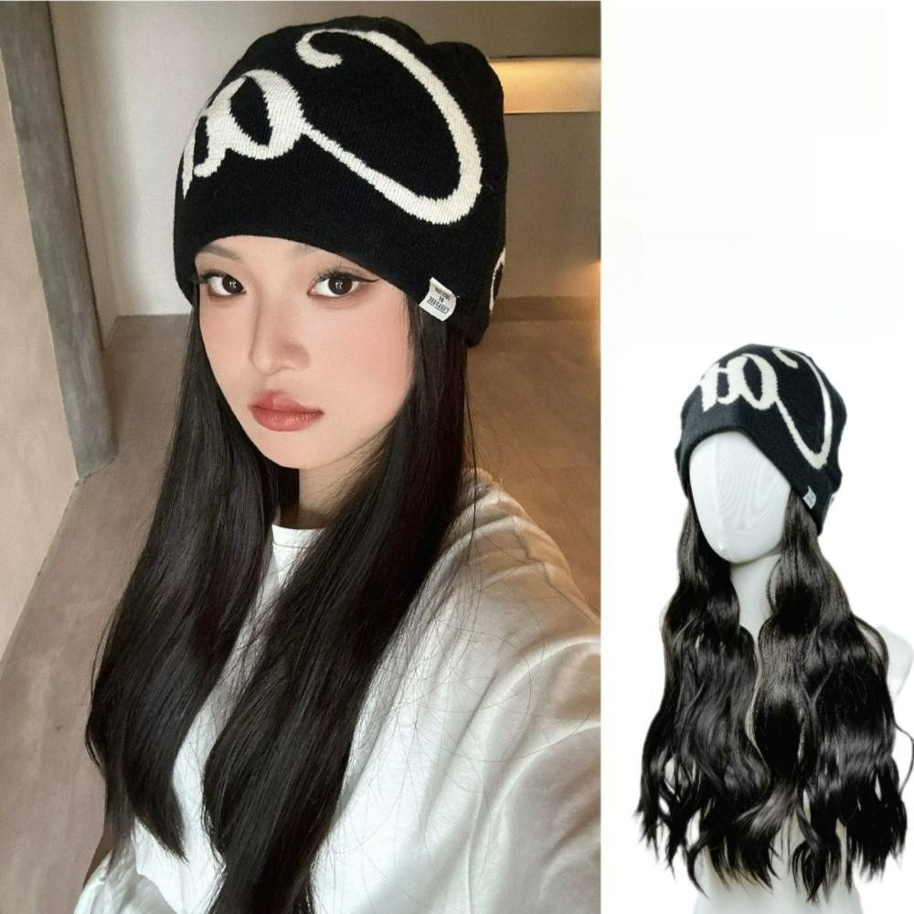 가발달린비니 항암가발 여성용 긴 머리 니트 모자 가발 분리 검정갈색 직모 글자 블랙 모자 - 메인 이미지