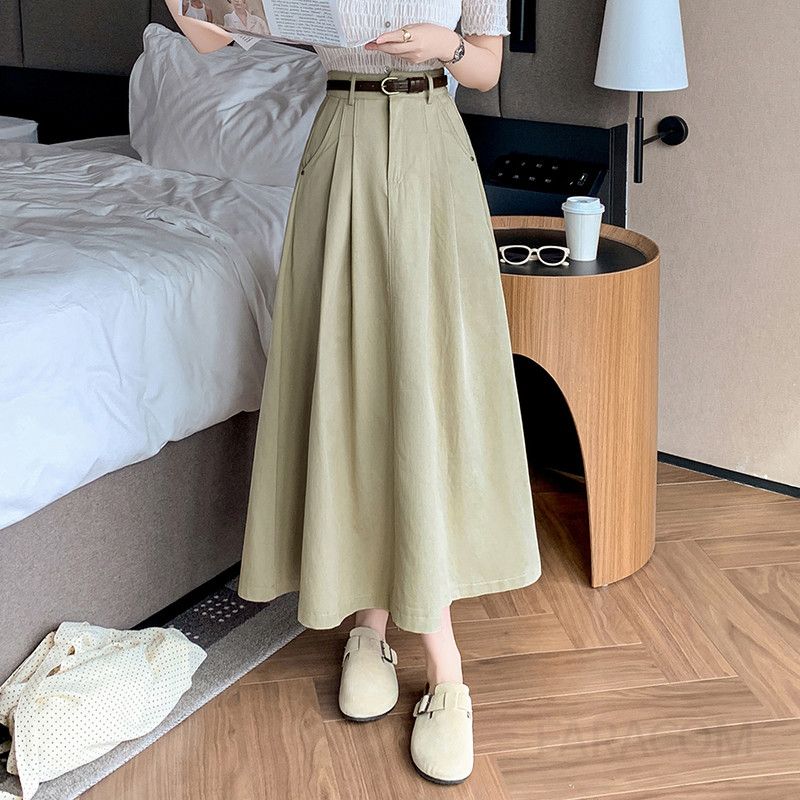 미디 A라인 스커트 여성 하이웨이스트 가을 캐주얼 플리츠 롱 스타일리시한 무릎길이 데일리룩 올리브색상 페미닌한 분위기 - 상세 이미지 2