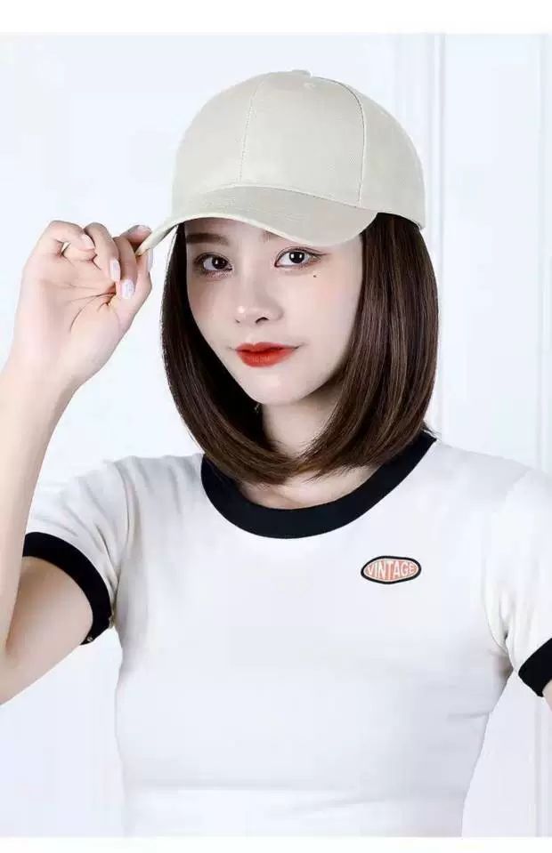 가발달린모자 캡모자 여성용 야구모자 가발 패션 J35 일체형 파마머리 검정 블랙 커스터마이즈 - 상품 이미지