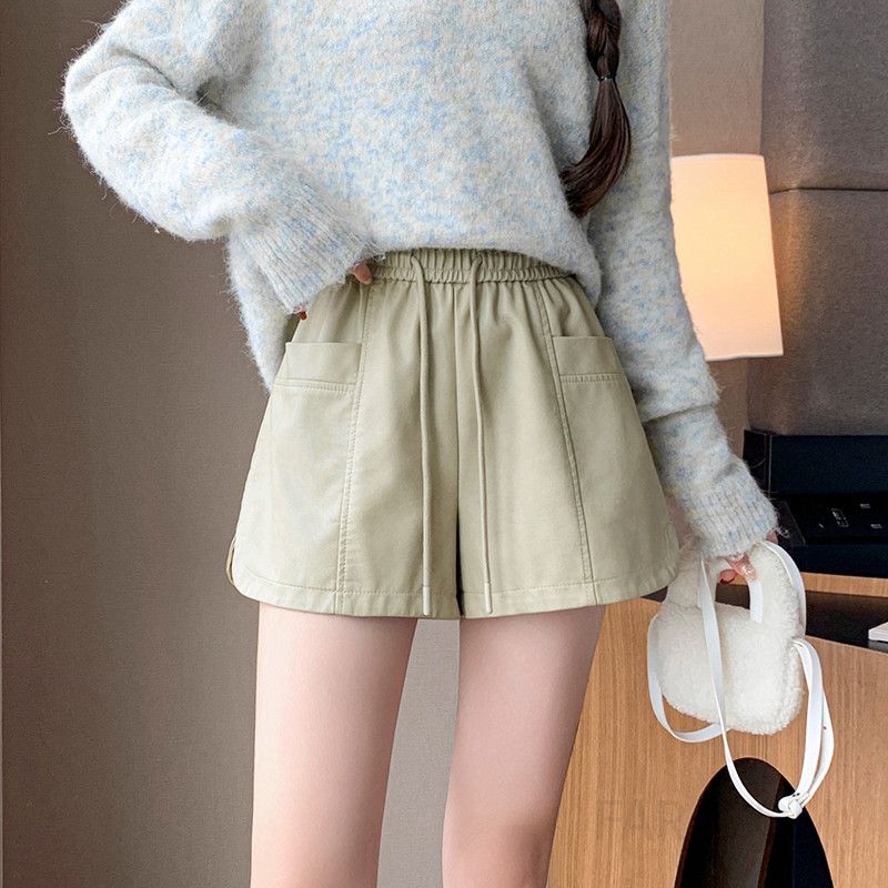 여성 여름 PU 가죽 와이드 하이웨이스트 반바지 데일리 캐주얼 스타일 시원한 착용감 편안한 여성스판팬츠 5부 반바지 - 상세 이미지 2