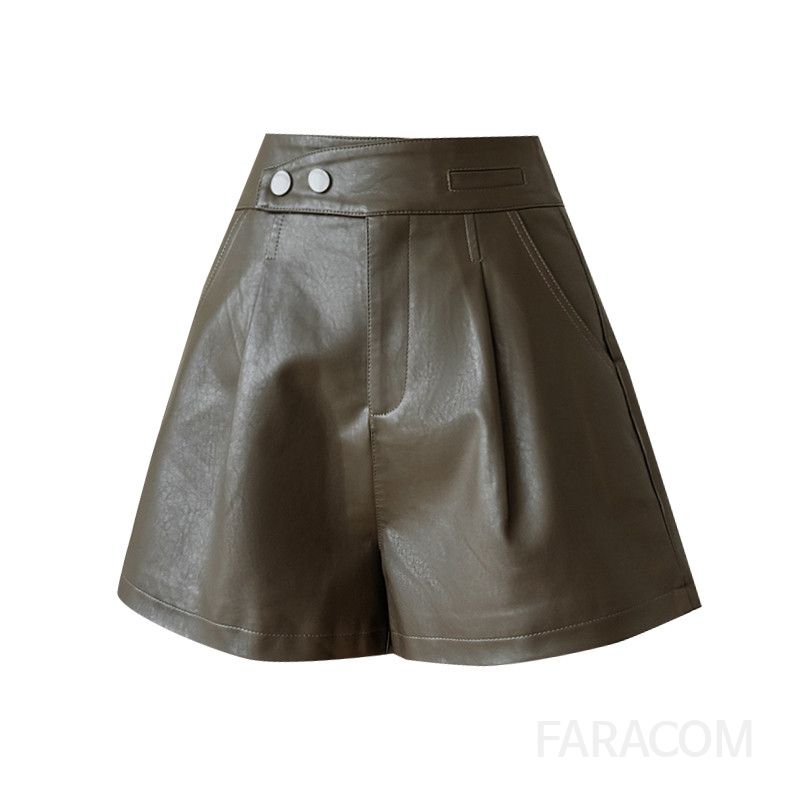 여성 하이웨이스트 PU 가죽 5부 반바지 여름 캐주얼 와이드 슬림핏 데일리 팬츠 시원한 착용감 스타일리시한 외출용 A라인 코디 가능 - 상세 이미지 5