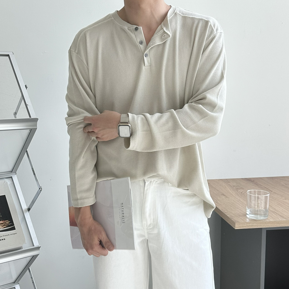 남자 긴팔티 오버핏 피그먼트 헨리넥 와플 피케 티셔츠 - 상품 이미지