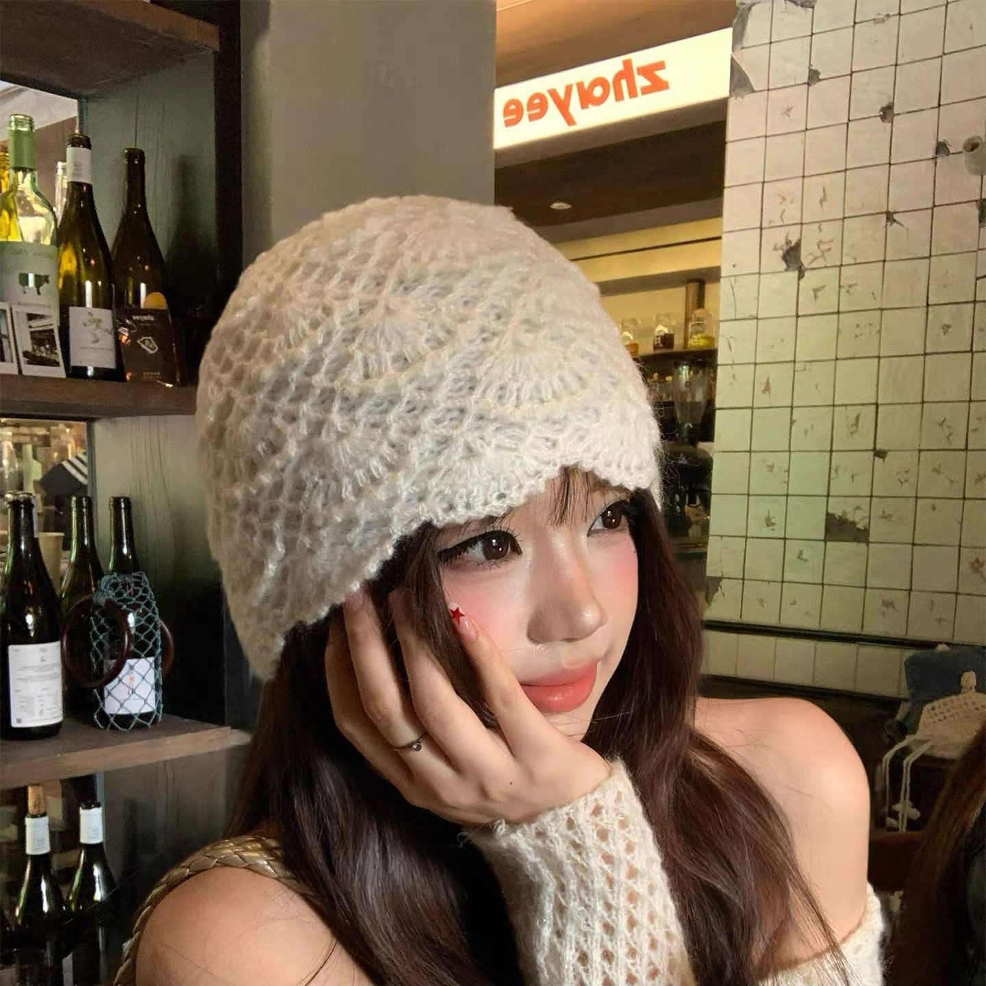 가발달린비니 항암가발 니트 뜨개질 모자와 가발 분리 블랙브라운 레이어드 A - 상세 이미지 3