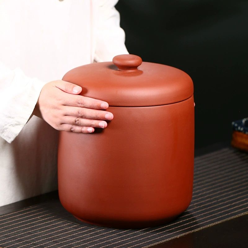 보이차 항아리 자사 오래된 다도 차통 보관 단지 보관통 중형 약 7.0kg 레드원형버튼 - 상품 이미지