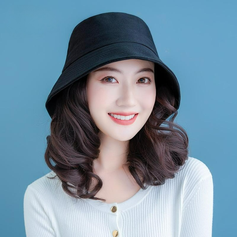 가발달린모자 항암가발 웨이브 펌 가발 모자 분리 사계절 어부모자 블랙 짧은 곱슬머리 A - 상품 이미지