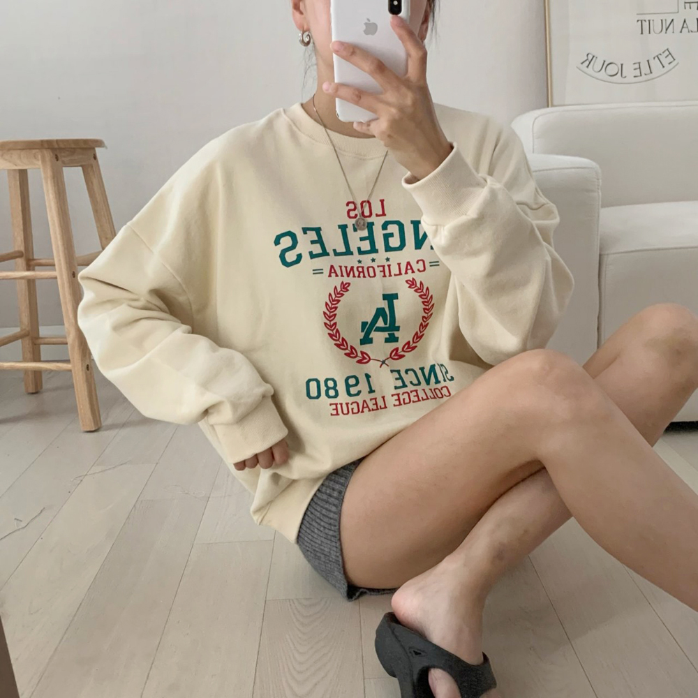 데일리 오버핏 로스 레터링 프린팅 티셔츠 여성 맨투맨 박스티 여자 가을 티셔츠 코튼 - 상세 이미지 3