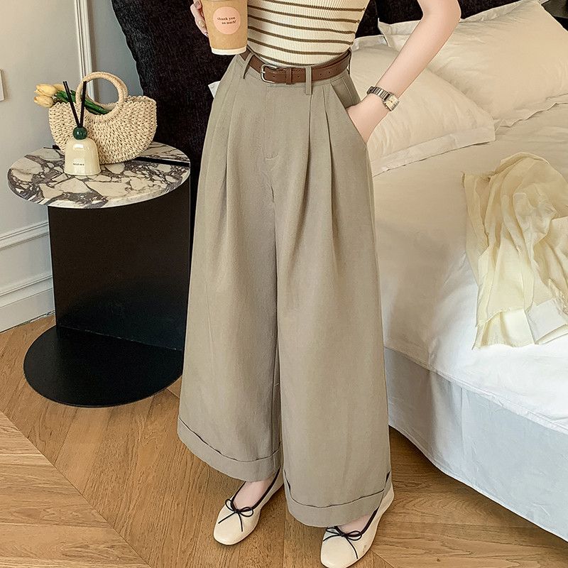 여성 하이웨이스트 루즈 와이드팬츠 가을용 워시드 코튼 소재 슬림 디자인 캐주얼 통바지 편안한 착용감 데일리 스타일링 9부 여성바지 - 상품 이미지