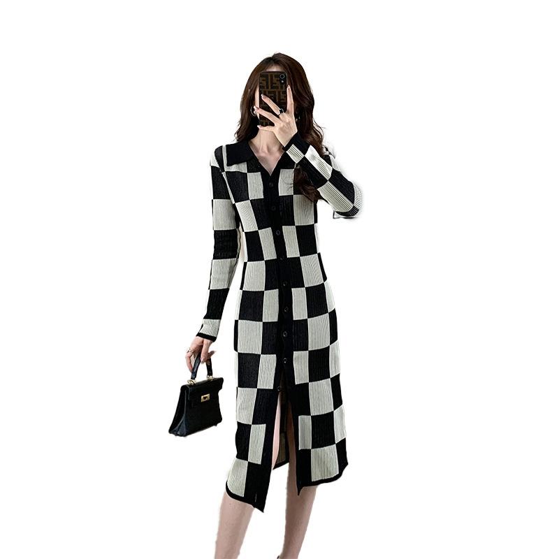 체크무늬원피스 카라넥 골지 프렌치풍 니트 롱 가디건 원피스 슬림핏 파티룩 체크 S