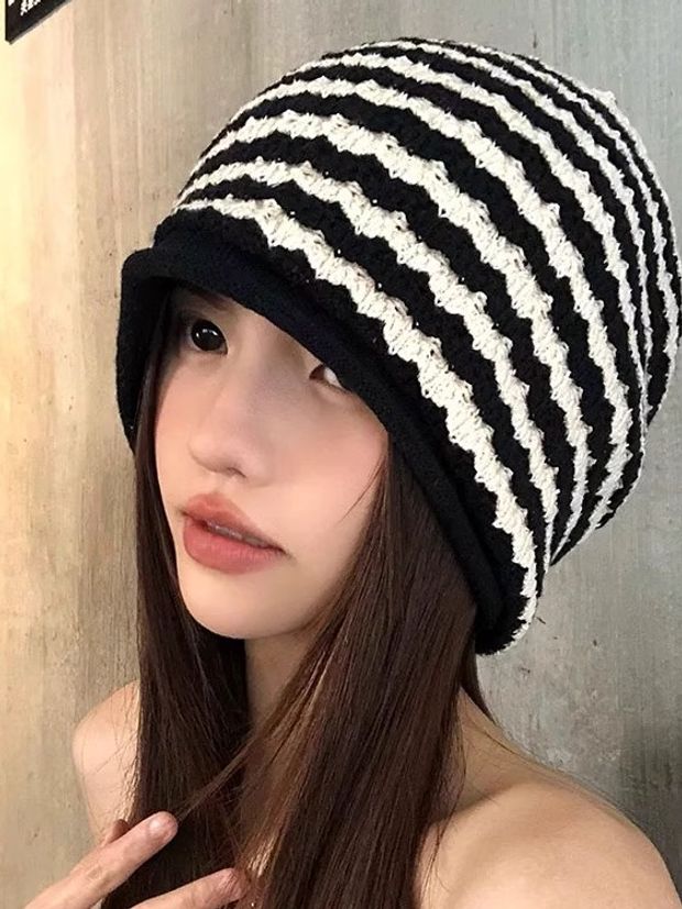가발달린비니 모자 달린 항암가발 블랙화이트스트라이프+쿨브라운 팔로우시 - 상세 이미지 3