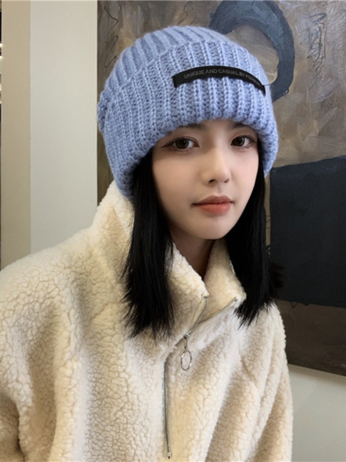 가발달린비니 항암가발 겨울 니트 모자 가발 베이지 모자+브라운블랙 가발 - 상세 이미지 3