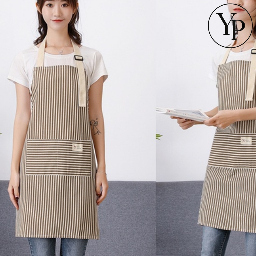 린넨 스트라이프 앞치마 캔버스 바리스타 공방 원피스형 주방 주머니 줄무늬 작업복