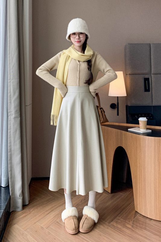 여성 A라인 미디 스커트 하이웨이스트 가죽 플레어 스타일 엉덩이 커버 데일리룩 캐주얼 편안한 착용감 가을 패션 아이템 이미지 6