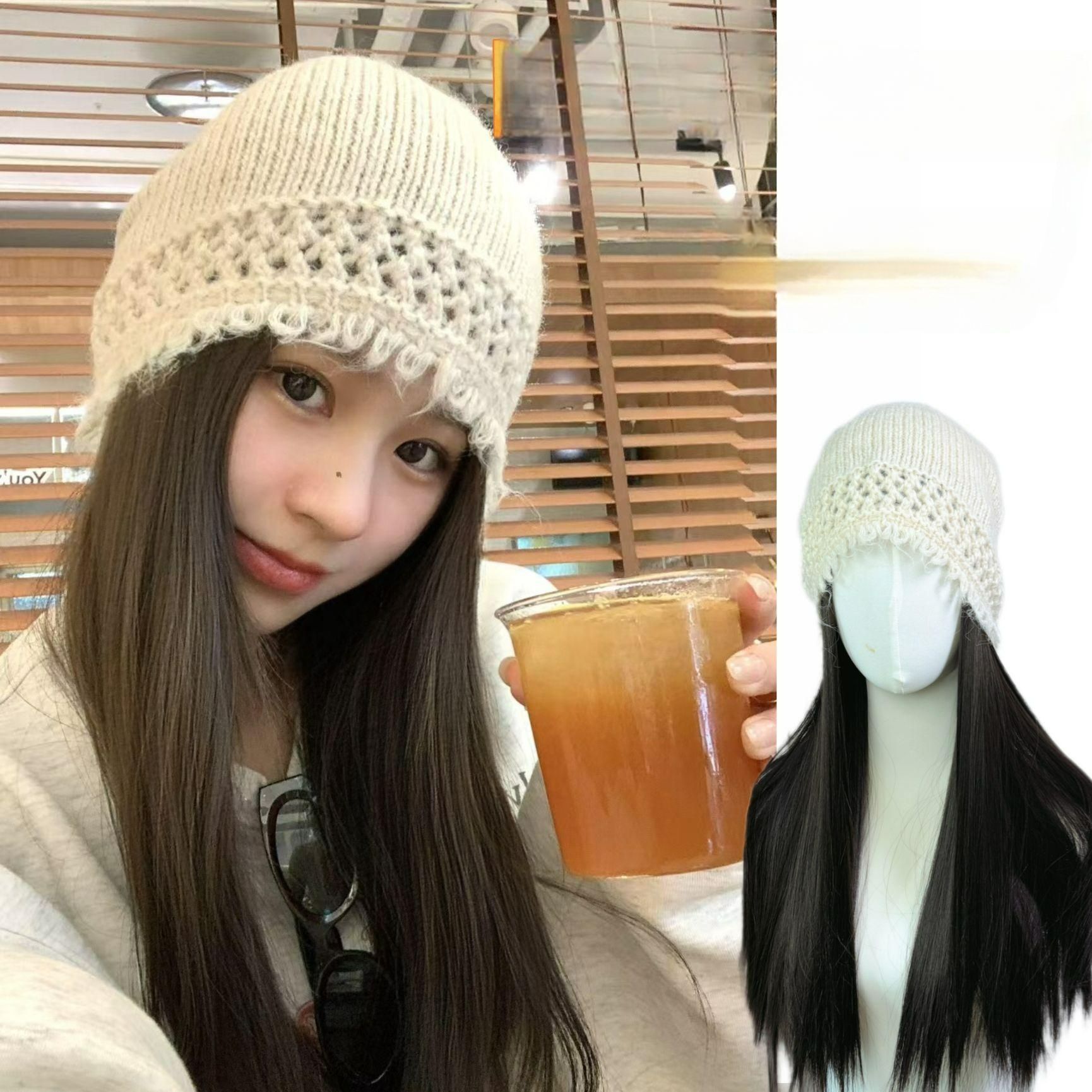 가발달린비니 여성 니트 항암가발 뜨개질 모자 가발 분리 패션모자 검정브라운 직모 베이지화이트 한계 수술 - 상세 이미지 2