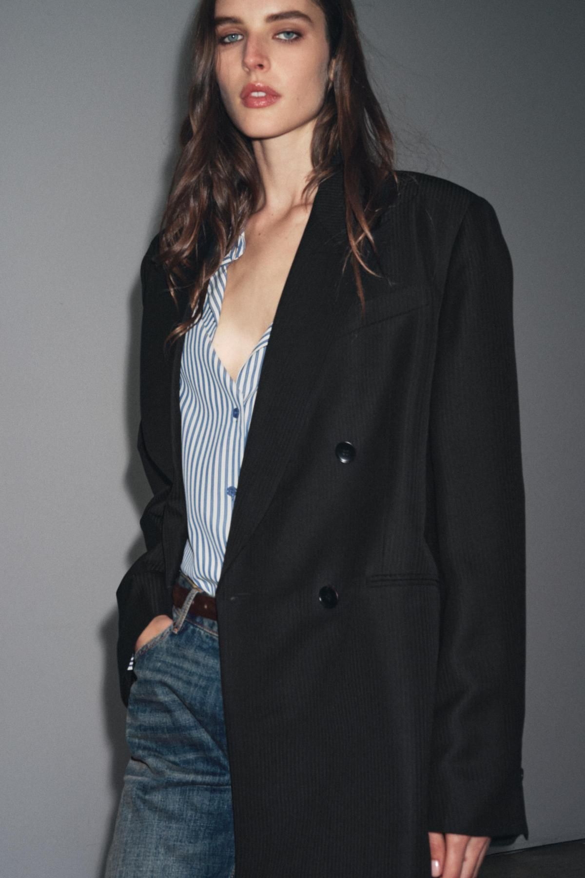 자라 울블렌드 스트라이프 더블브레스트 블랙 블레이저 8375/009 BLACK - 상세 이미지 3