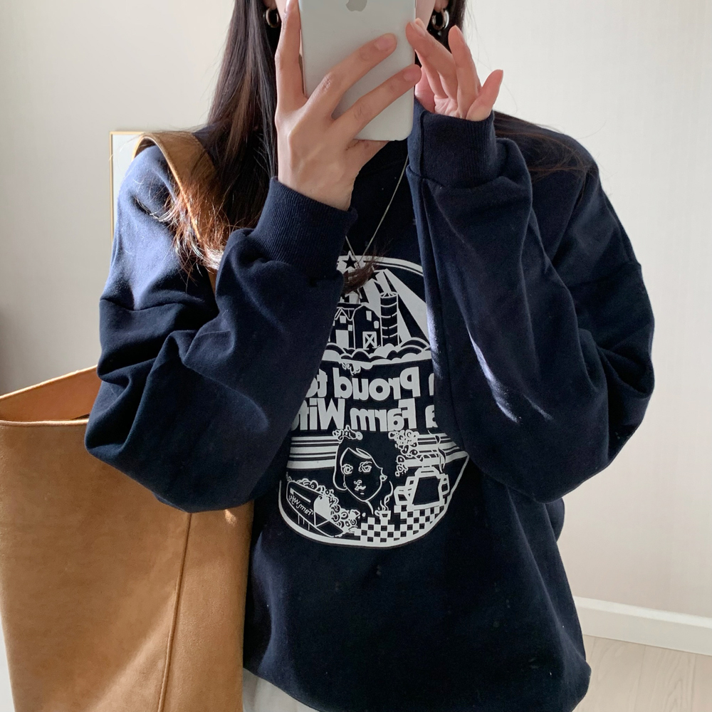 캐주얼 오버핏 팜 와이프 프린팅 레터링 티셔츠 여성 맨투맨 박스티 여자 가을 티셔츠 코튼 - 상세 이미지 3
