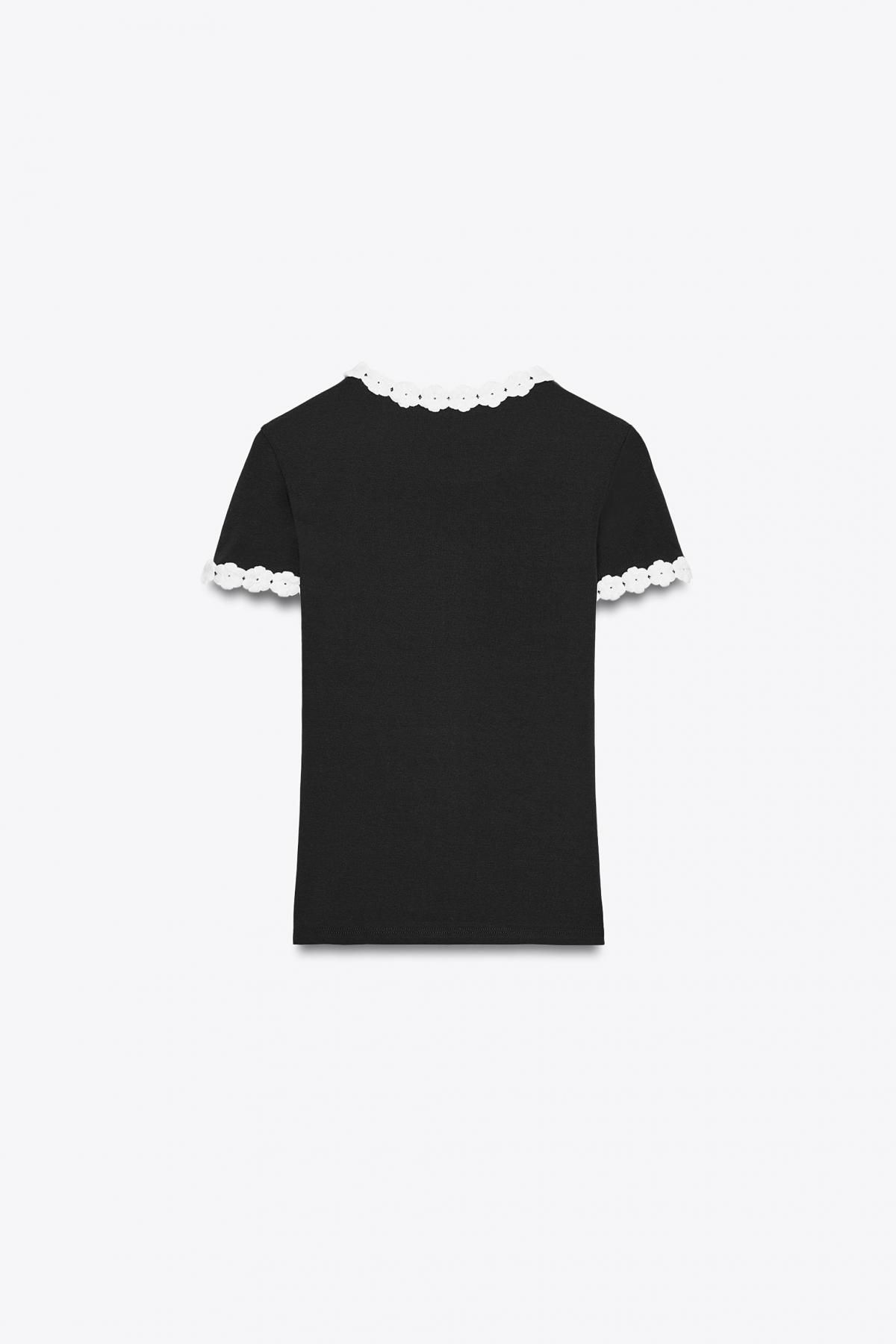 자라 플라워 디테일 슬림핏 라운드넥 반팔 티셔츠 5644/863 BLACK - 상세 이미지 5