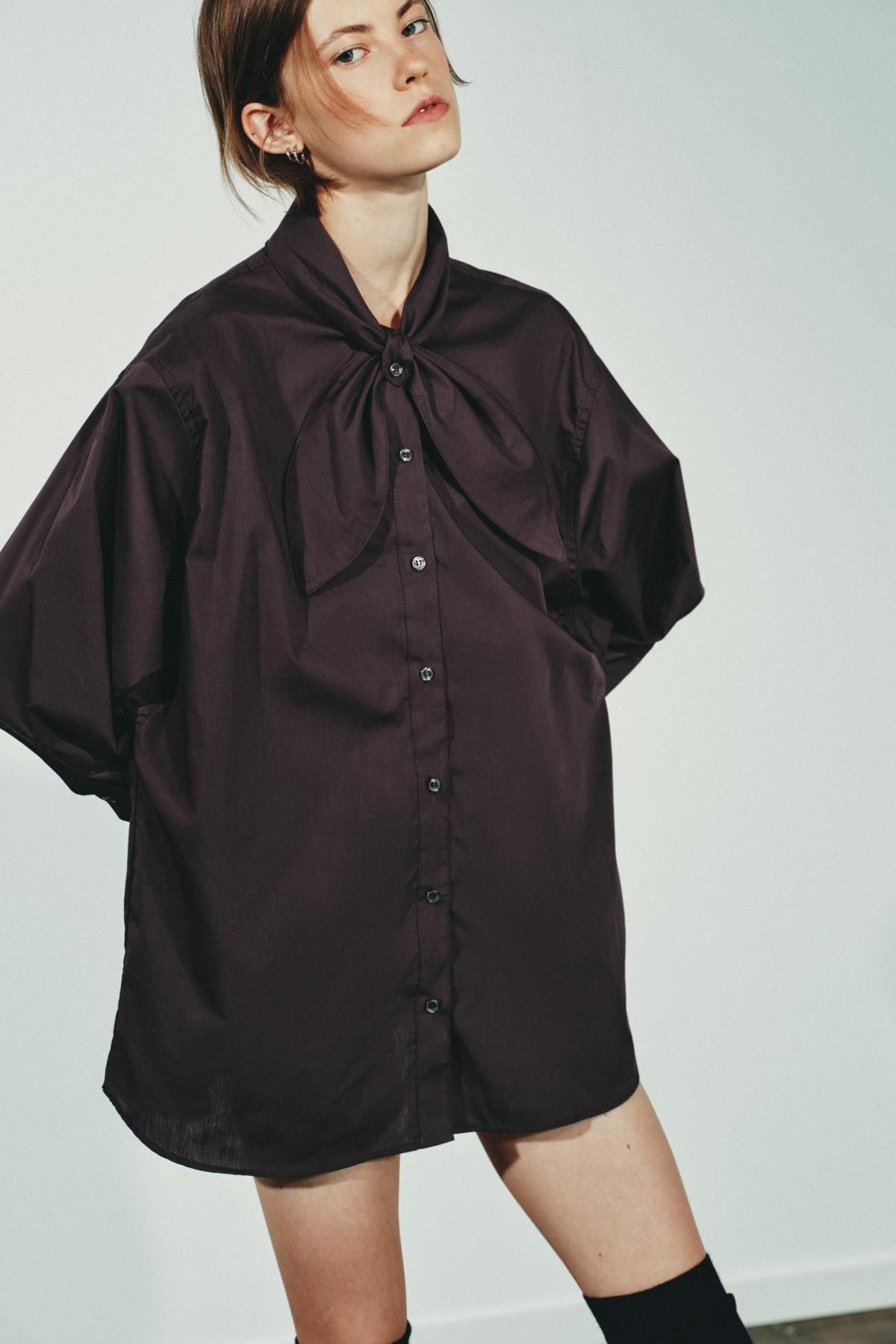 자라 스카프 디테일 포플린 긴팔 셔츠 4661/143 DARK BROWN - 상세 이미지 3