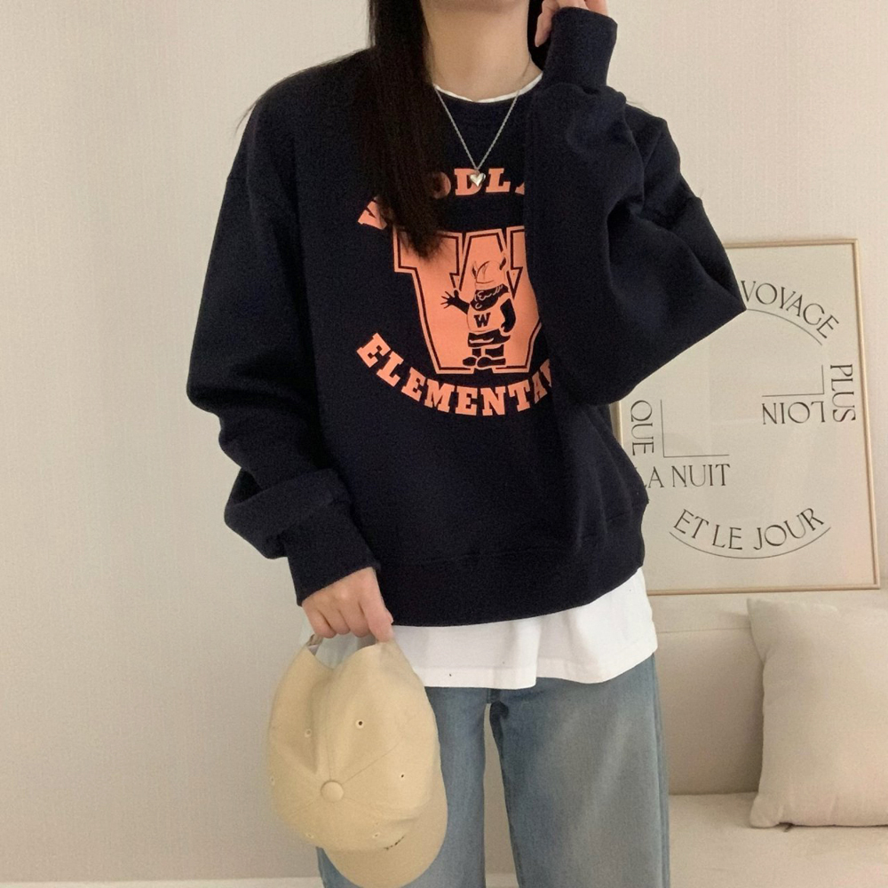 캐주얼 오버핏 더블유 프린팅 레터링 티셔츠 여성 맨투맨 박스티 여자 가을 티셔츠 코튼 - 상세 이미지 4