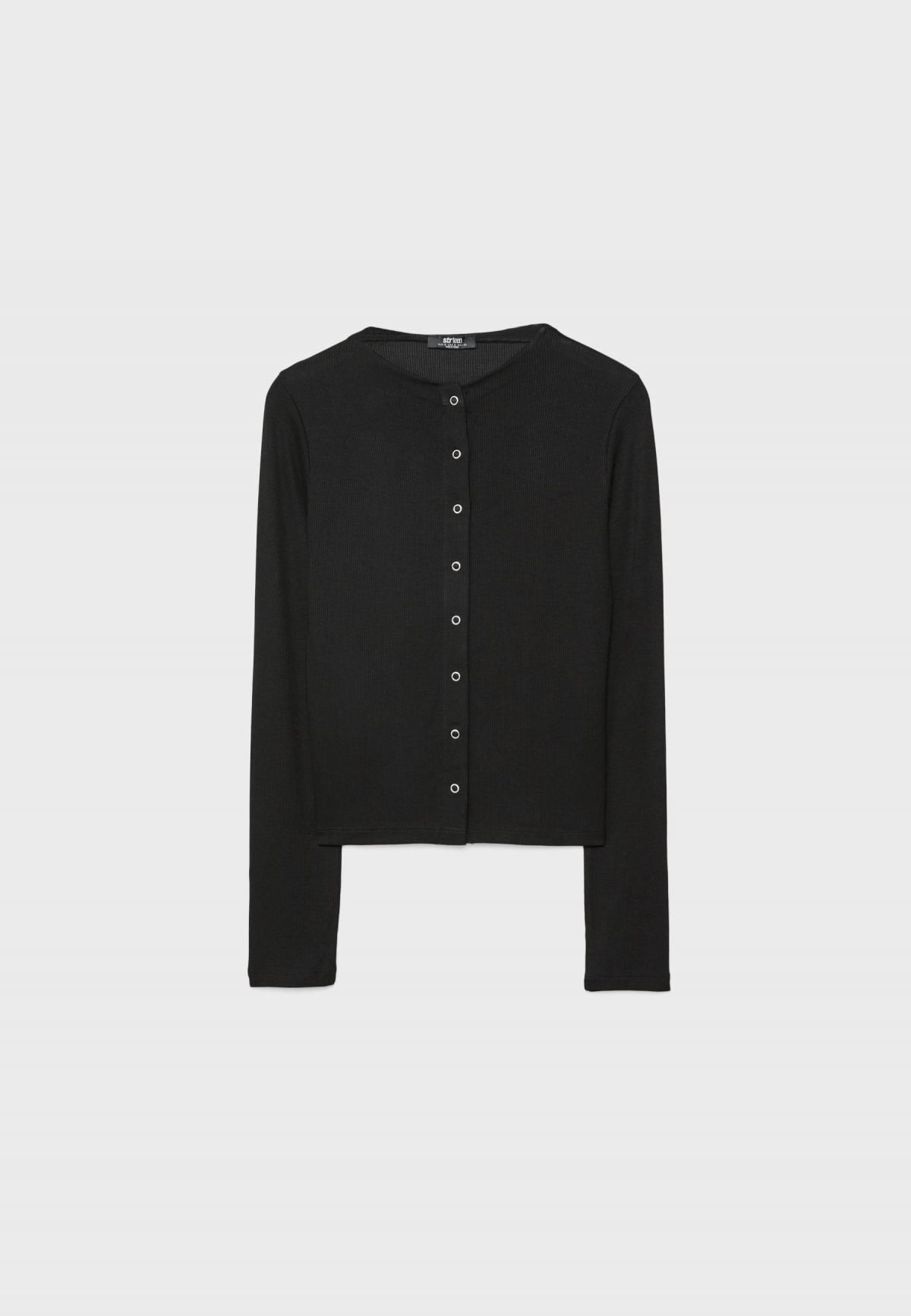 스트라디바리우스 슬림핏 골지 스냅버튼 라운드넥 긴팔 티셔츠 8108/685 BLACK - 상품 이미지