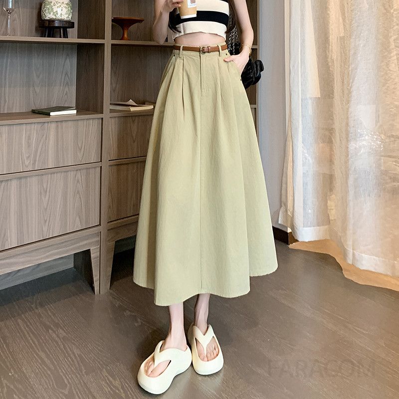 A라인 롱스커트 여성 가을 신상 하이웨이스트 플레어 무릎길이 캐주얼 스타일 데일리 편안한 착용감 플리츠 디자인 - 상품 이미지