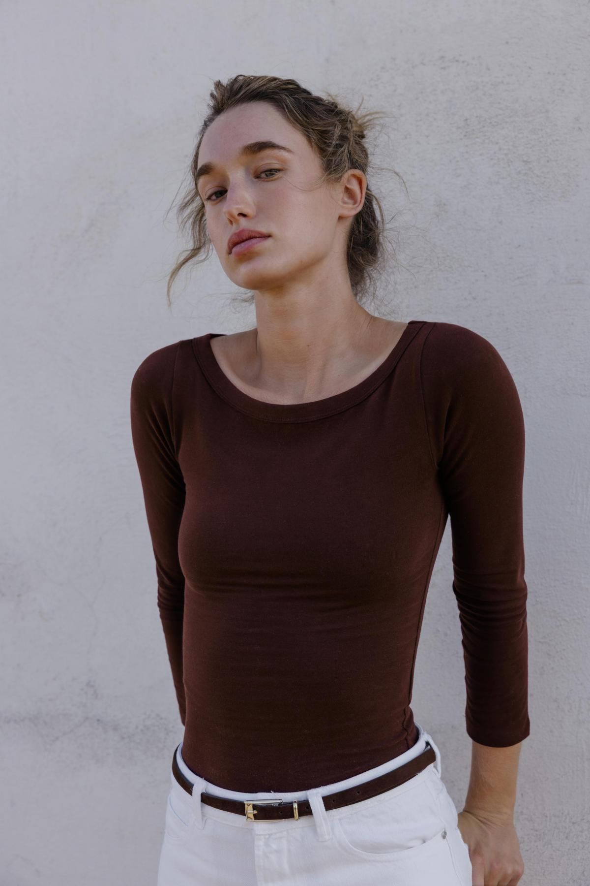 자라 슬림핏 보트넥 브라운 긴팔 티셔츠 4174/829 BURGUNDY - 상세 이미지 3
