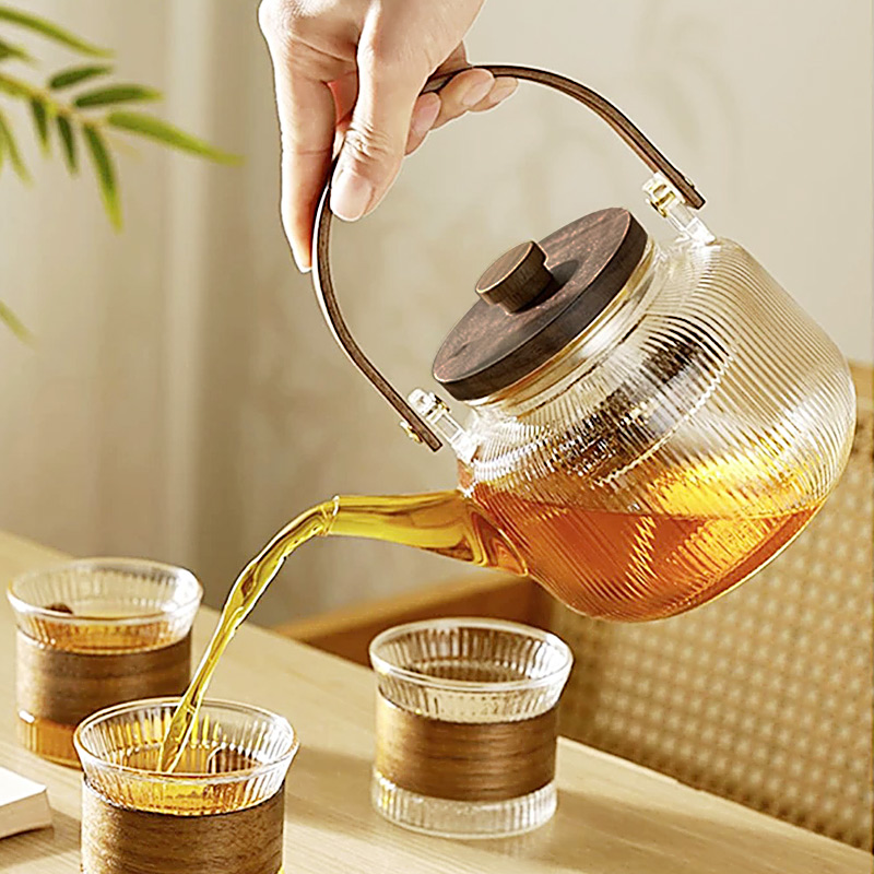 57도씨 내열유리 우드핸들 티팟 티포트 주전자 900ml - 상품 이미지