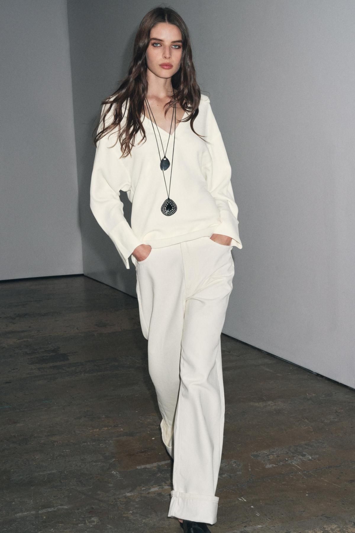 자라 프리미엄 폴로카라 브이넥 긴팔 셔츠 8623/235 OYSTER-WHITE - 상세 이미지 2