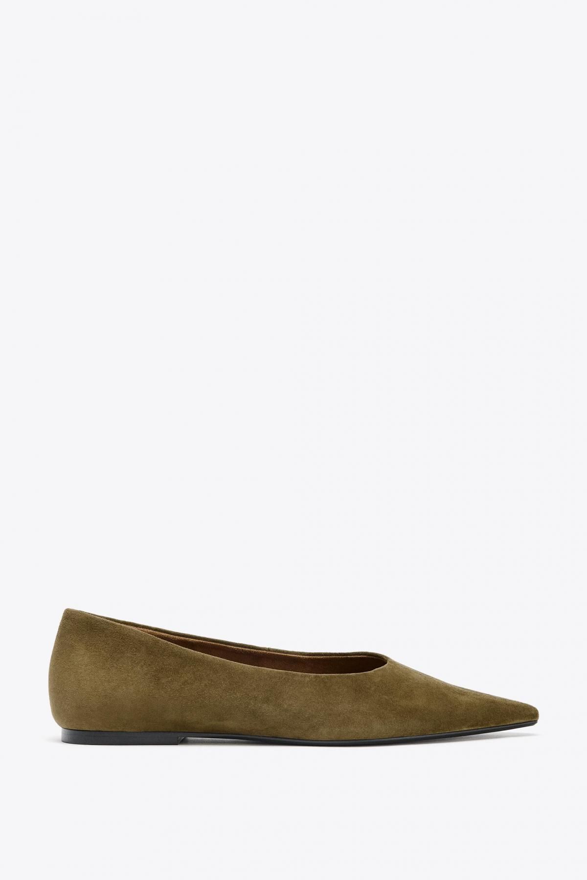 자라 포인티드 스플릿 스웨이드 발레리나 플랫슈즈 1521/610 OLIVE GREEN - 메인 이미지