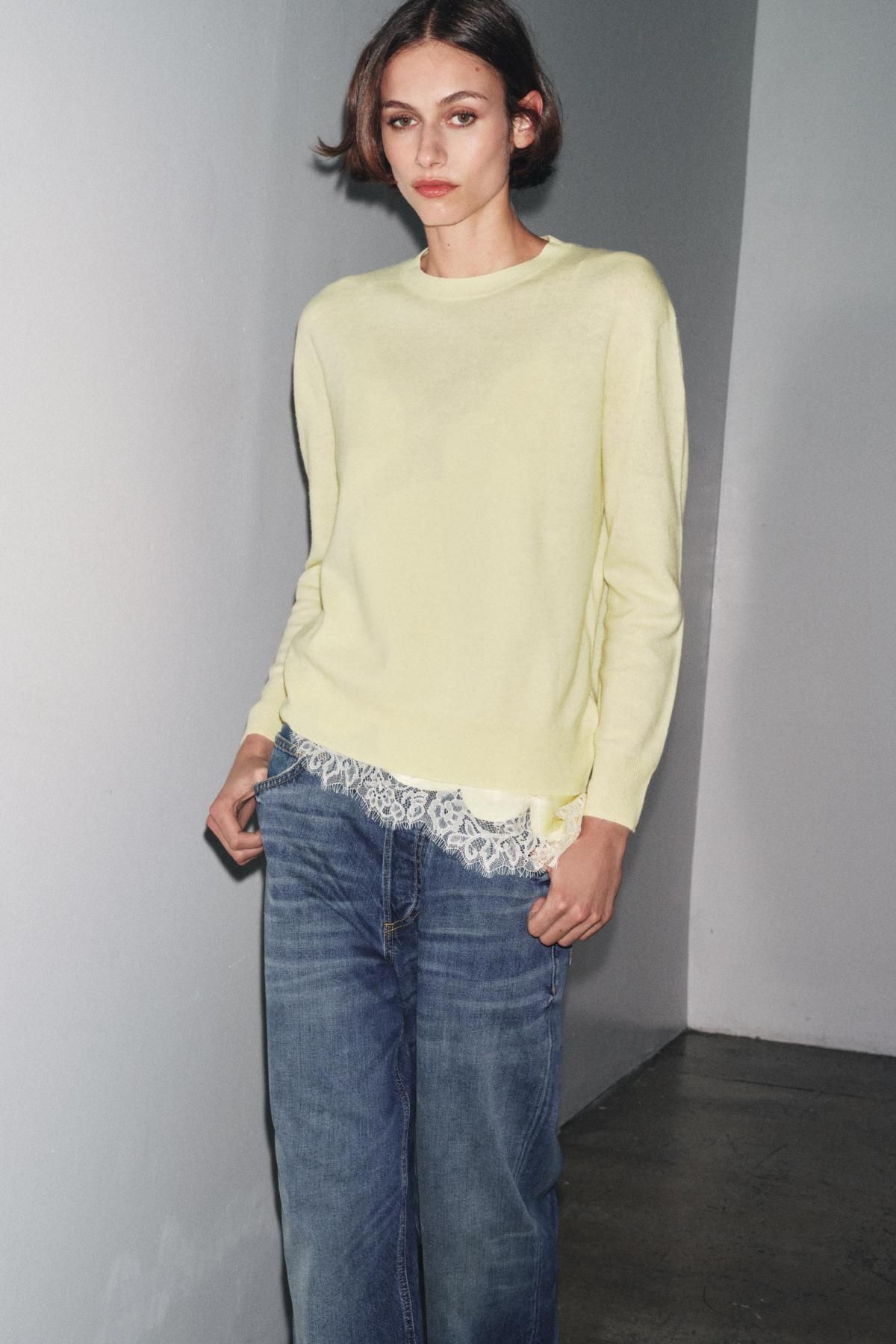 자라 100 엑스트라 소프트 울 라운드넥 니트 스웨터 9598/104 LIGHT YELLOW - 상세 이미지 3