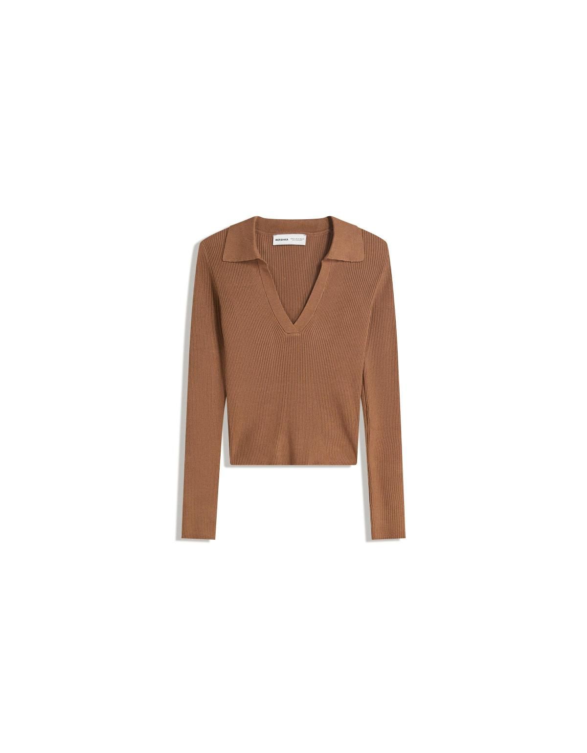 버쉬카 리브드 브이넥 폴로카라 니트 스웨터 7106/653 BROWN - 상세 이미지 3