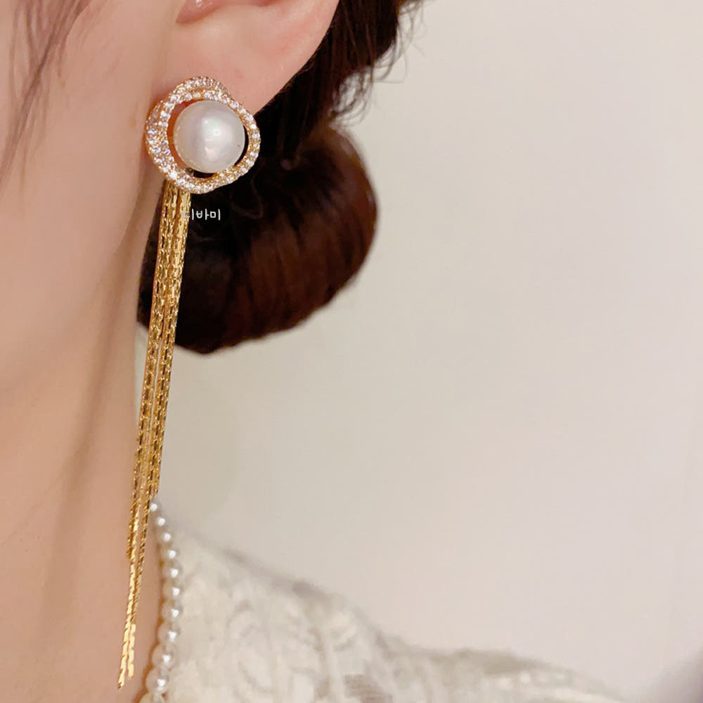 14K 진주 투웨이 귀걸이 슬림 롱 태슬 무알러지 이어링 이미지 6