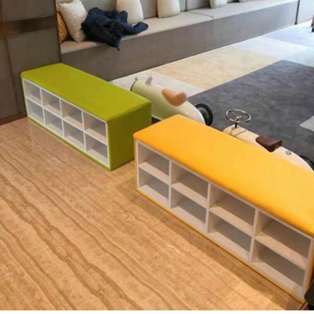 수납 의자 어린이집 거실 라탄 벤치 쇼파 낮은 수납형 밝은 그레이 격자 의자   80 x 30 x 40cm 더블 - 상품 이미지