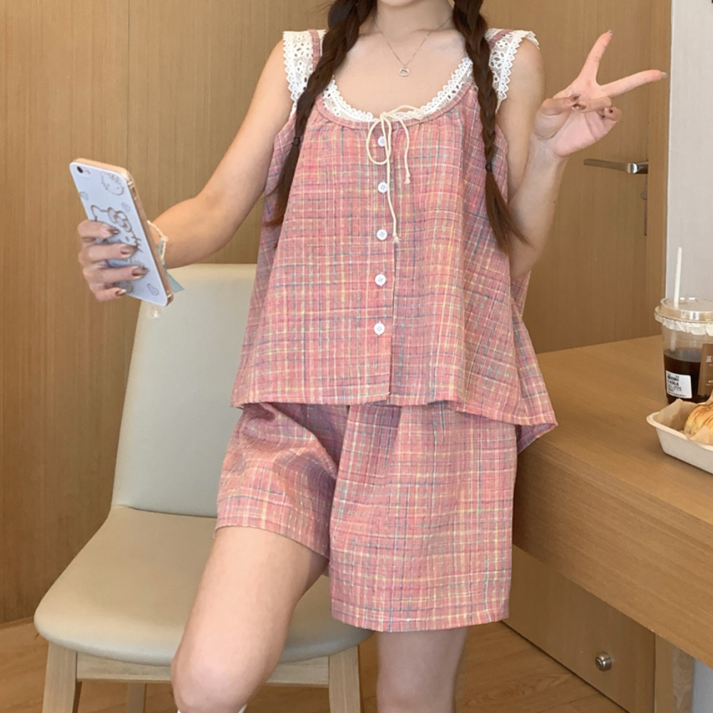 나시잠옷 민소매잠옷 여름파자마 레이스 끈나시 여성 홈웨어 반바지 세트 - 상세 이미지 3