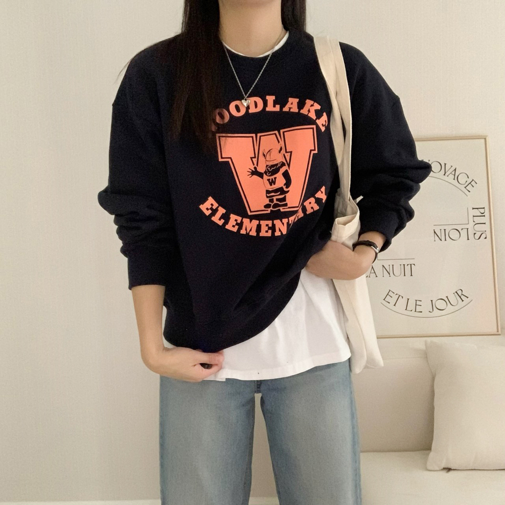 캐주얼 오버핏 더블유 프린팅 레터링 티셔츠 여성 맨투맨 박스티 여자 가을 티셔츠 코튼 - 상세 이미지 5