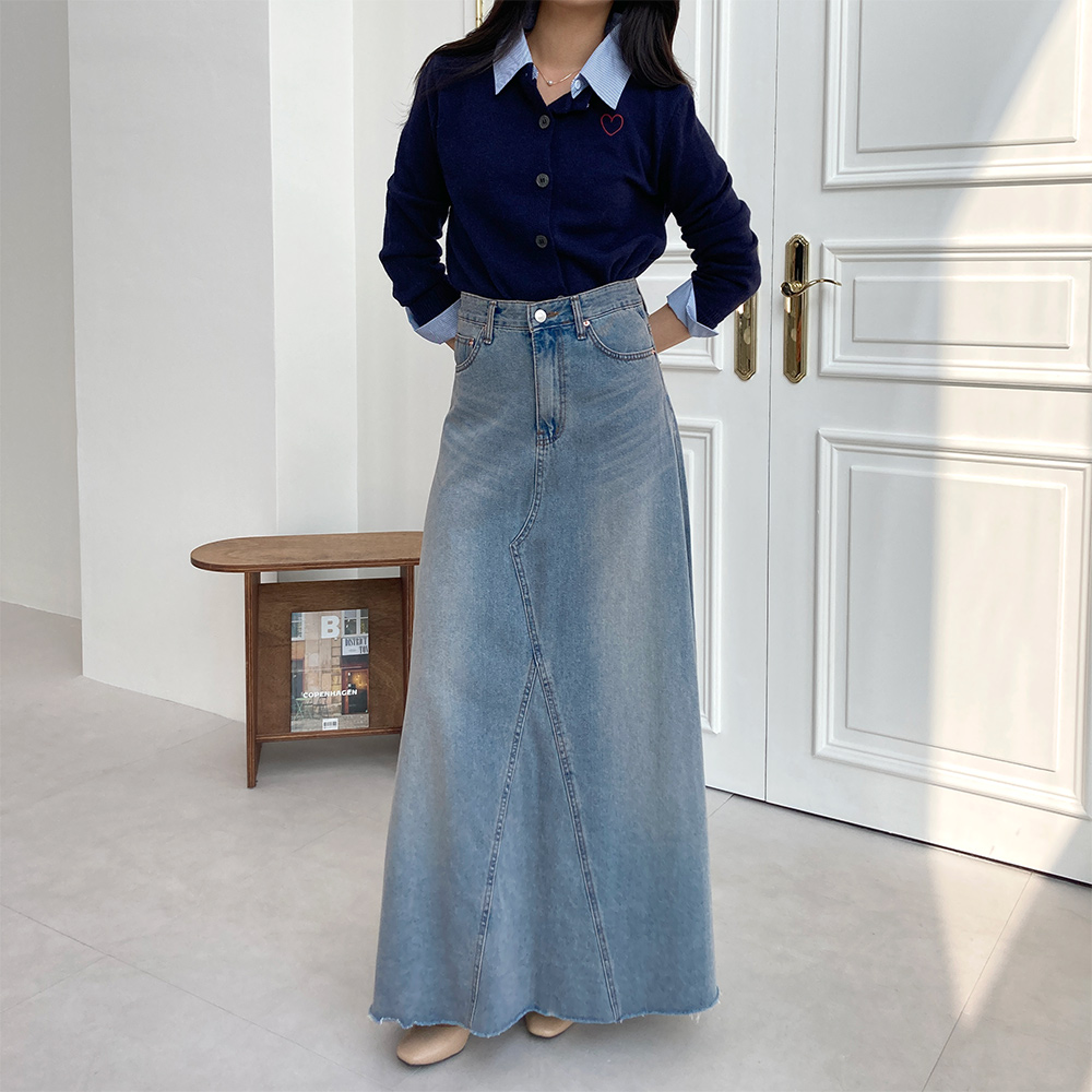 워싱 데님 플레어 스커트 A라인 맥시 가을 봄 청치마 - 상품 이미지
