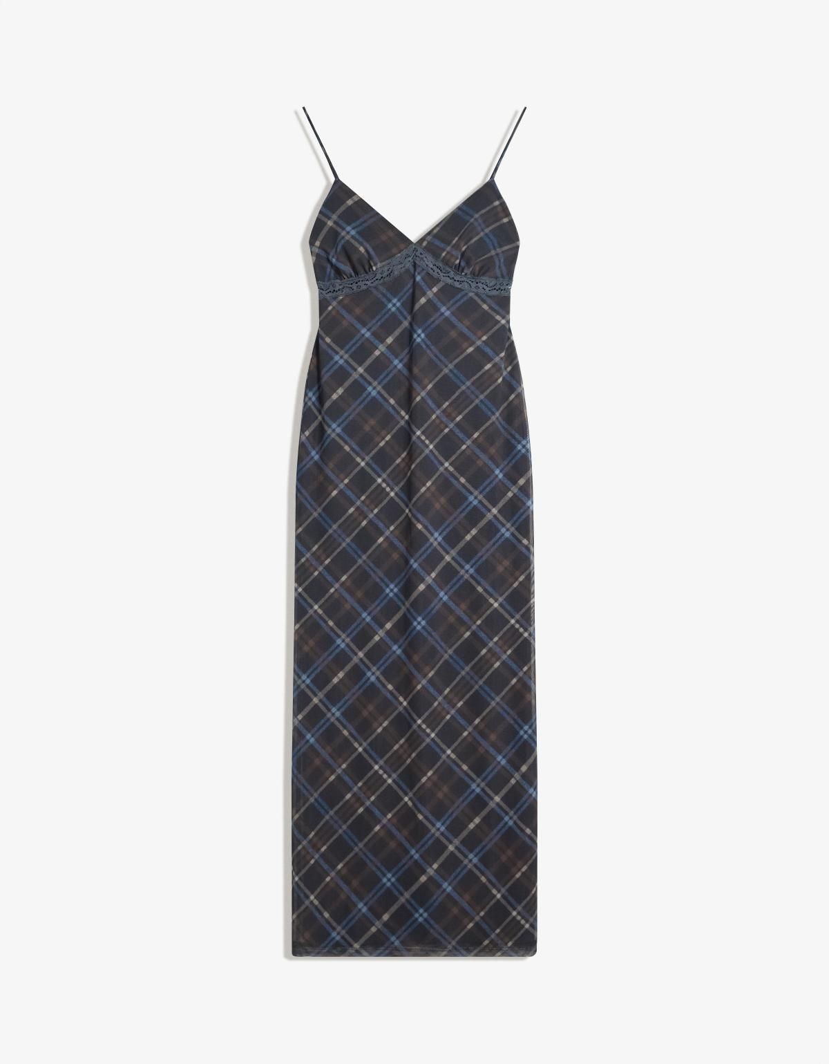 버쉬카 트렌디 체크 패턴 스트랩 미디 원피스 5604/777 NAVY - 상품 이미지
