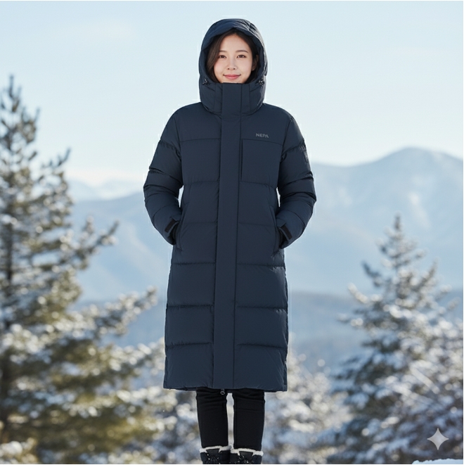 네파 남녀공용 겨울 넥라인 기모 베이직 아웃도어 오리털 롱패딩 커플롱다운 점퍼 - 상세 이미지 3