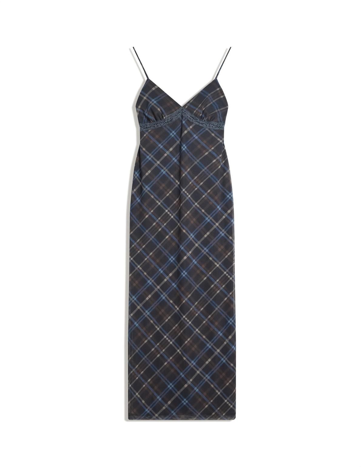 버쉬카 트렌디 체크 패턴 스트랩 미디 원피스 5604/777 NAVY - 상세 이미지 3
