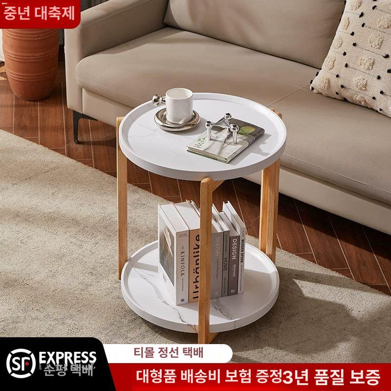 이동식 월넛 티테이블 미니 2단 소파테이블 바퀴달린 호두색 43x43x65 3바퀴형 - 상세 이미지 2
