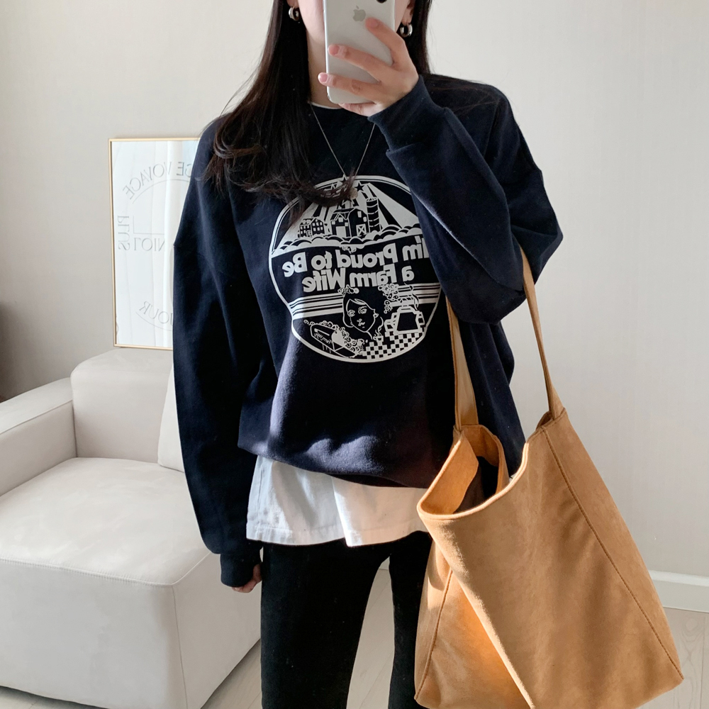 캐주얼 오버핏 팜 와이프 프린팅 레터링 티셔츠 여성 맨투맨 박스티 여자 가을 티셔츠 코튼 - 상세 이미지 4
