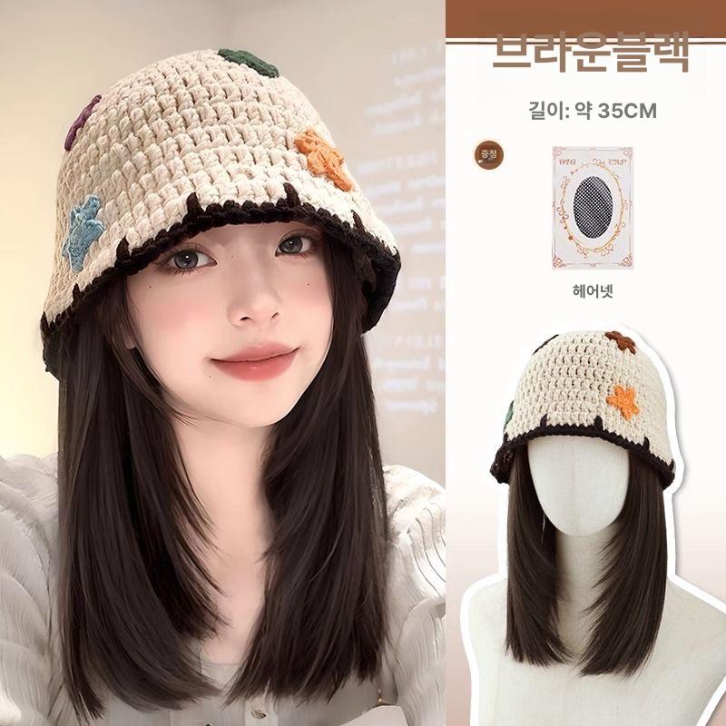 가발달린비니 가발니트모자 여성용 가을 겨울 검정브라운 발망 포함 - 상세 이미지 5