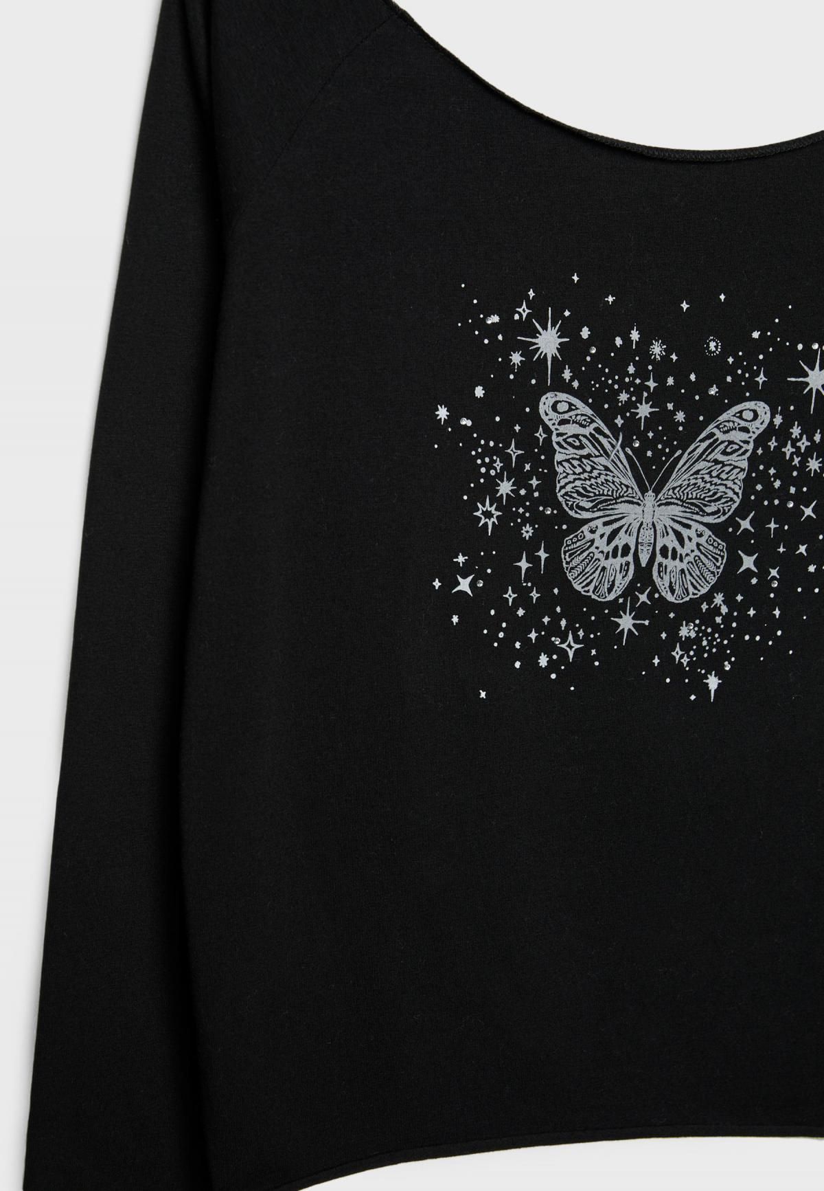 스트라디바리우스 나비 프린트 보트넥 긴팔 티셔츠 8101/655 BLACK - 상세 이미지 3