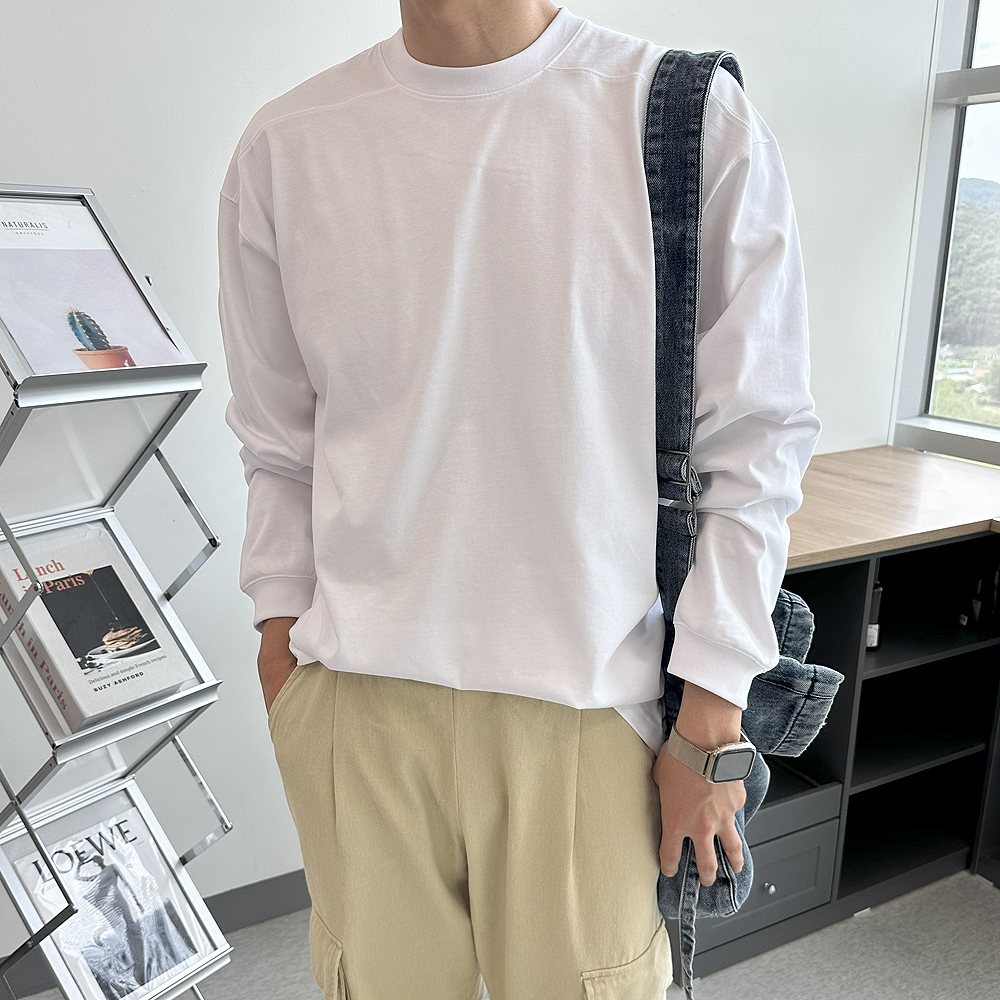 남자 긴팔티 오버핏 흰색 이너 레이어드 절개 티셔츠 남자 맨투맨