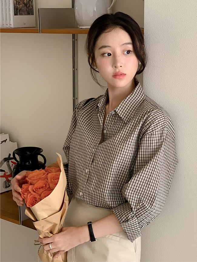 루즈핏 긴팔 체크 셔츠 남방 가을 데일리 오버핏 잔잔 체크셔츠 bs8424 - 상세 이미지 2
