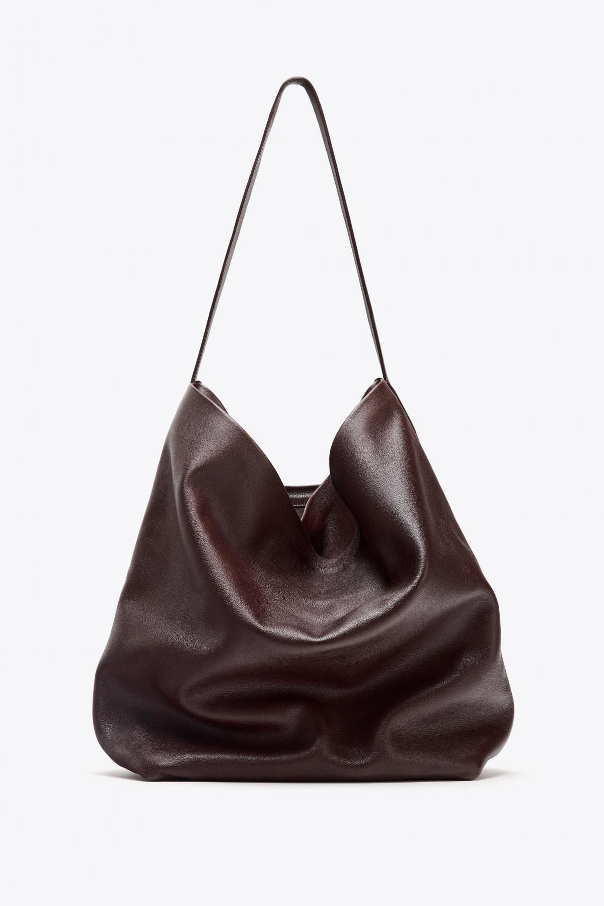 자라 프리미엄 레더 더블 컴파트먼트 버킷백 6091/610 BURGUNDY RED - 상품 이미지