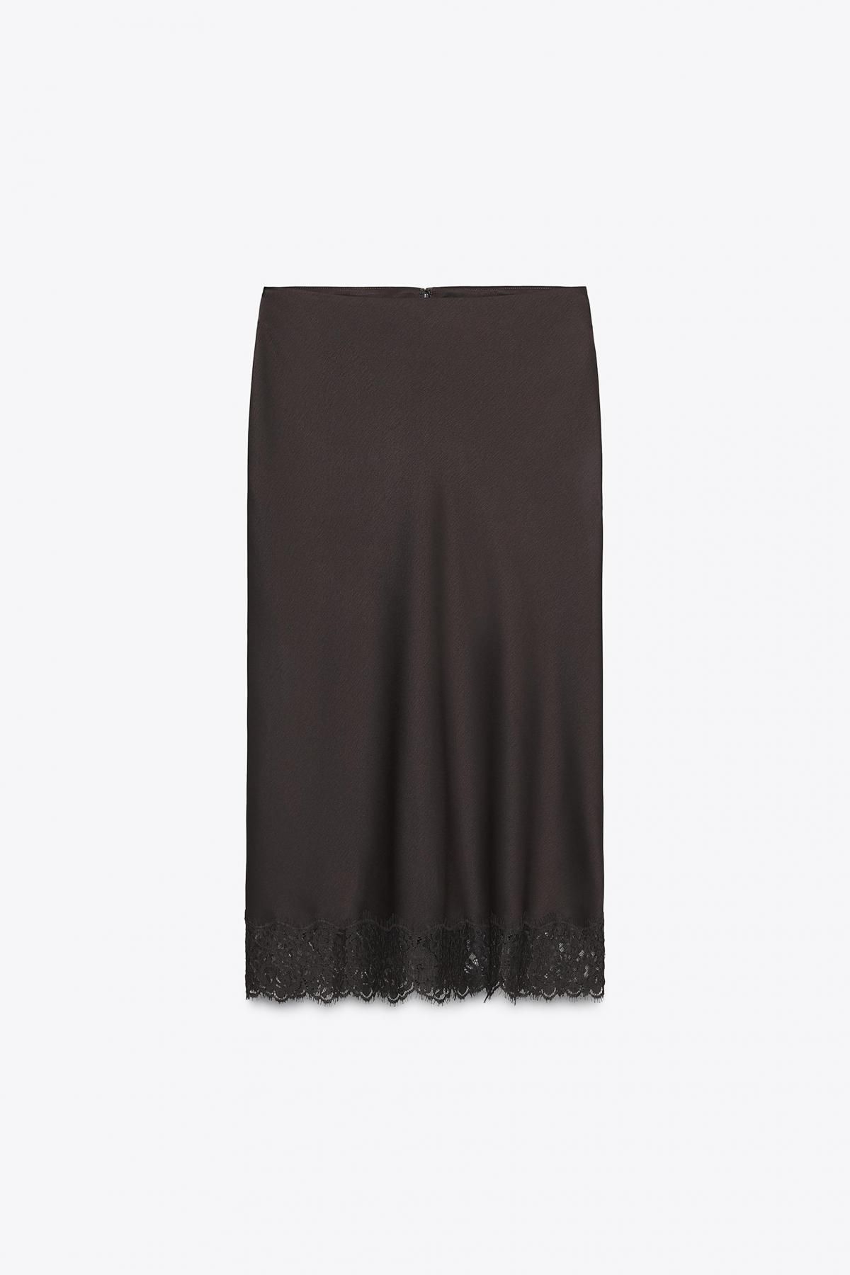 자라 테크니컬 새틴 레이스 미디 스커트 5919/207 DARK BROWN - 메인 이미지